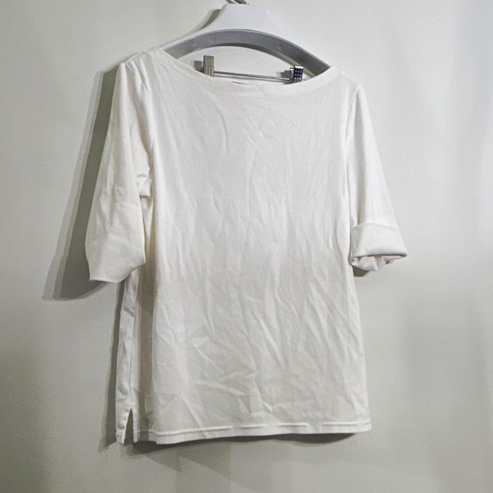 Lauren Ralph Lauren Women’s White Solid Knit Cotton Boat Neck 3/4 Sleeve Top L